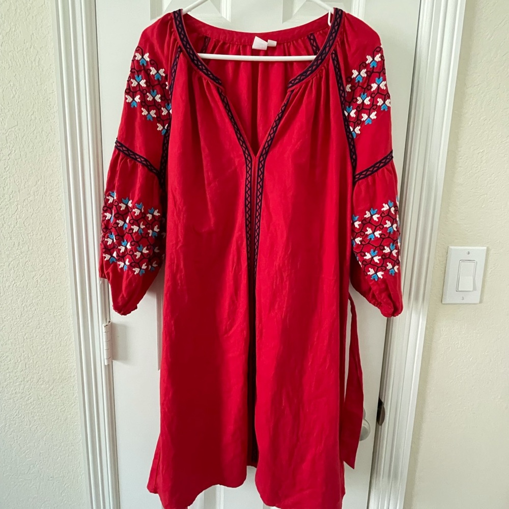 Red Embroidered Linen Blend Dress